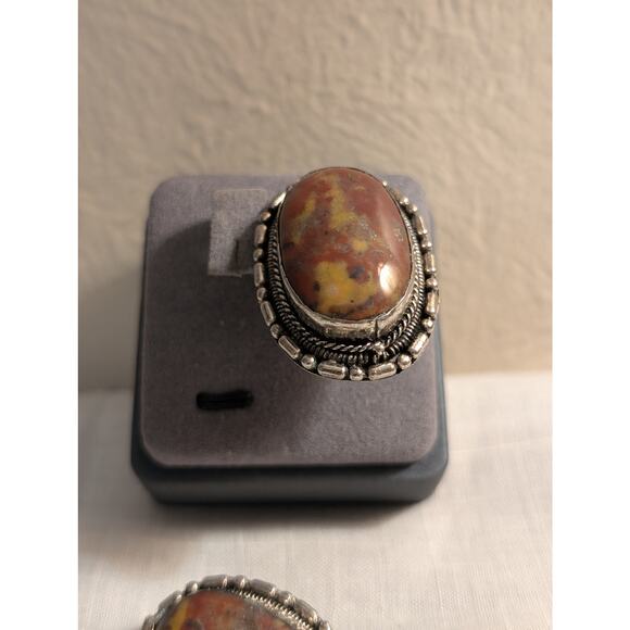Vintage Large Chunky Bezel Set Jasper Stone Silver Tone Clip On Earrings - Picture 2 of 7